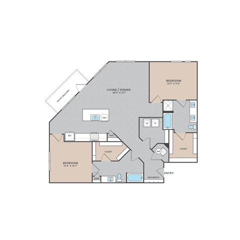 A floor plan of a house with a living room, dining room, two bedrooms, a bathroom, a closet, and a garage.